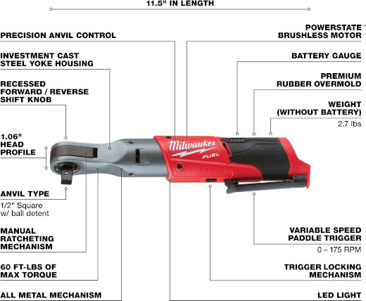 M12 FUEL 1/2 DR RATCHET (TOOL ONLY)