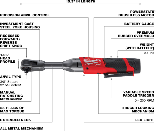 M12 FUEL 3/8" LONG REACH RATCHET 1 BATTERY KIT