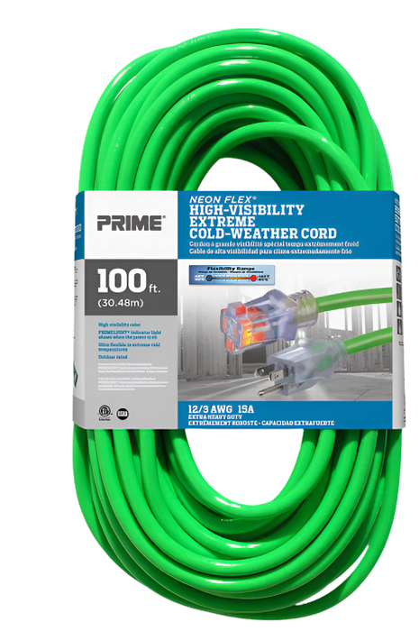 NEON GREEN 100' EXTENSION CORD 12/3 SJTW