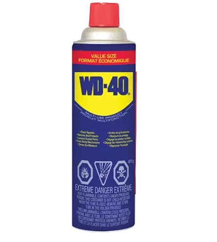 A can of WD-40 multi-purpose lubricant spray with a red cap, blue and yellow label, and silver top, shown on a plain white background.