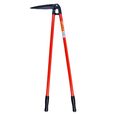 A long-handled garden shears tool with bright red metal handles, black plastic tips, and a black blade assembly, shown on a plain white background.