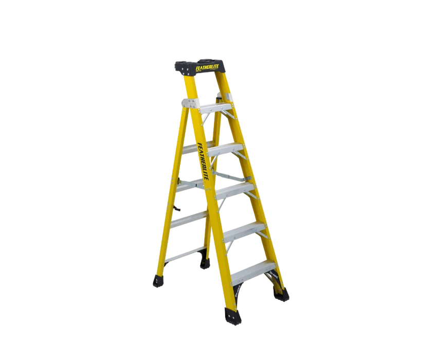 A yellow and black A-frame step ladder with silver metal steps, shown on a white background with a dark product thumbnail on the left.