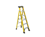 A yellow and black A-frame step ladder with silver metal steps, shown on a white background with a dark product thumbnail on the left.