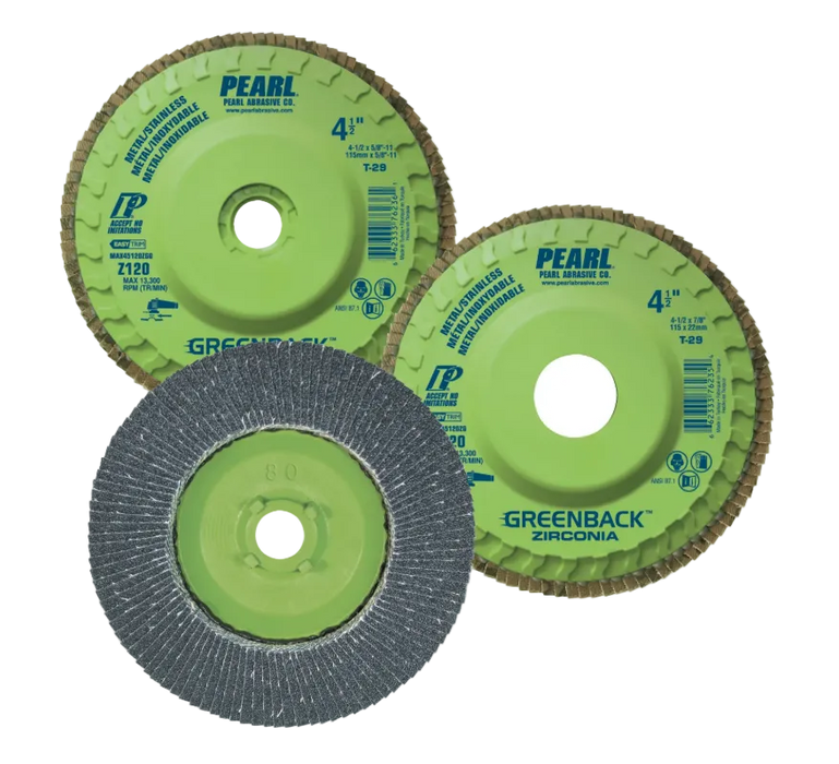 Three 4-inch Pearl Abrasive flap discs on a white background, including two green Greenback Zirconia discs and one gray abrasive flap disc.