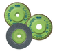 Three 4-inch Pearl Abrasive flap discs on a white background, including two green Greenback Zirconia discs and one gray abrasive flap disc.